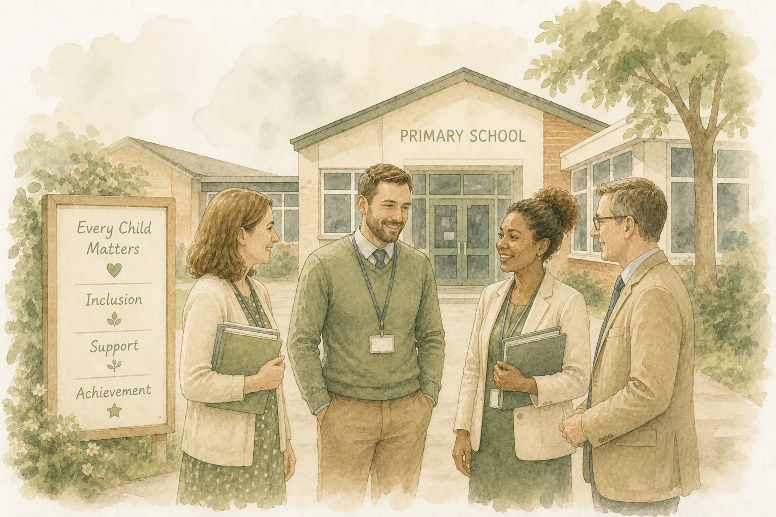 Illustration of a specialist assessor working alongside school staff to plan support for pupils