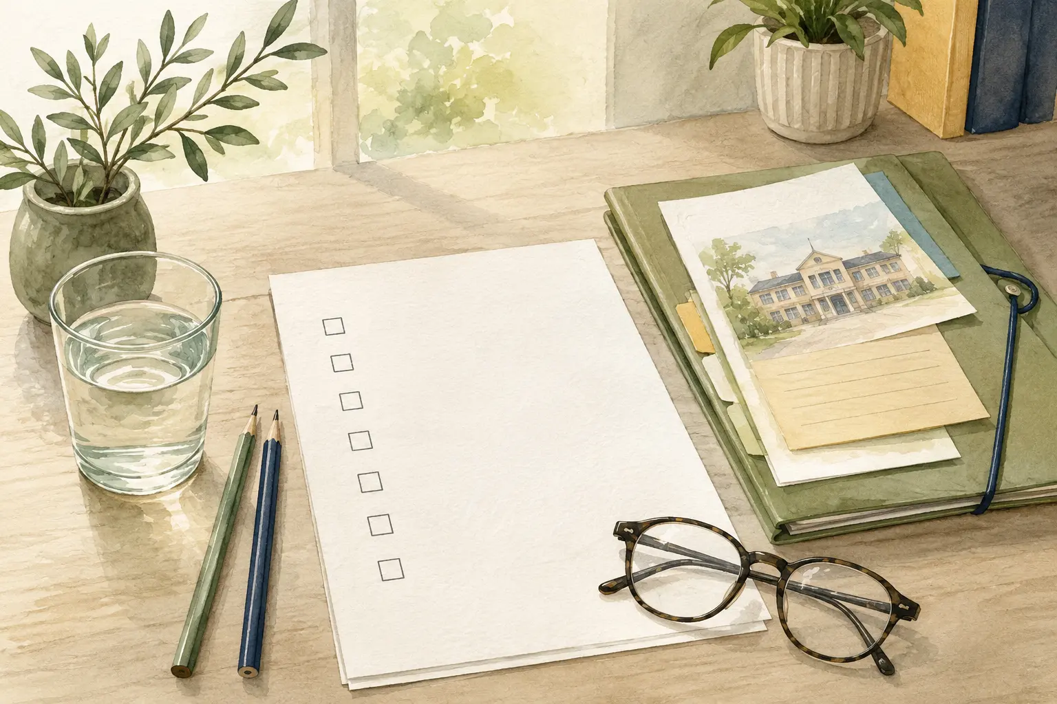 Watercolour illustration of a blank checklist, pencils, glasses and a folder of school paperwork, illustrating preparing for a dyslexia assessment