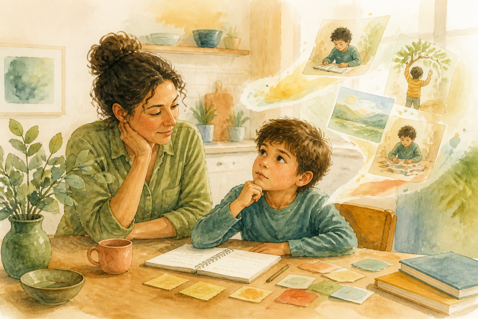 Watercolour illustration of a child and parent reflecting together at a kitchen table, with gentle scenes of earlier learning flowing behind them.