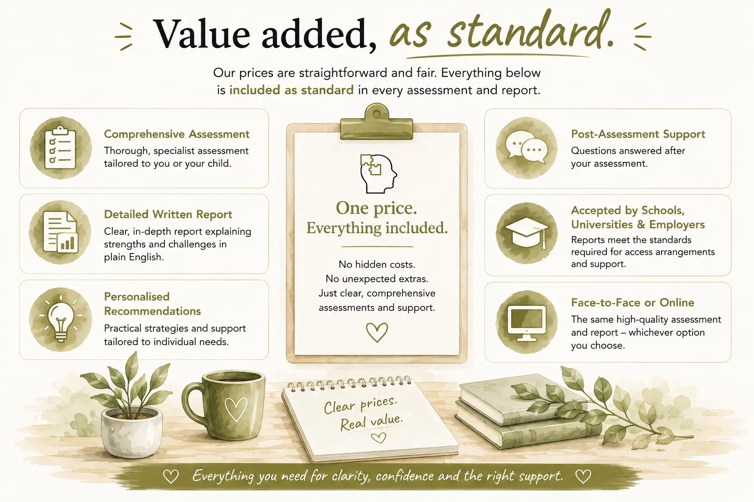 Illustration summarising what is included as standard with every assessment, from the assessment session itself through to the full written report and follow-up discussion