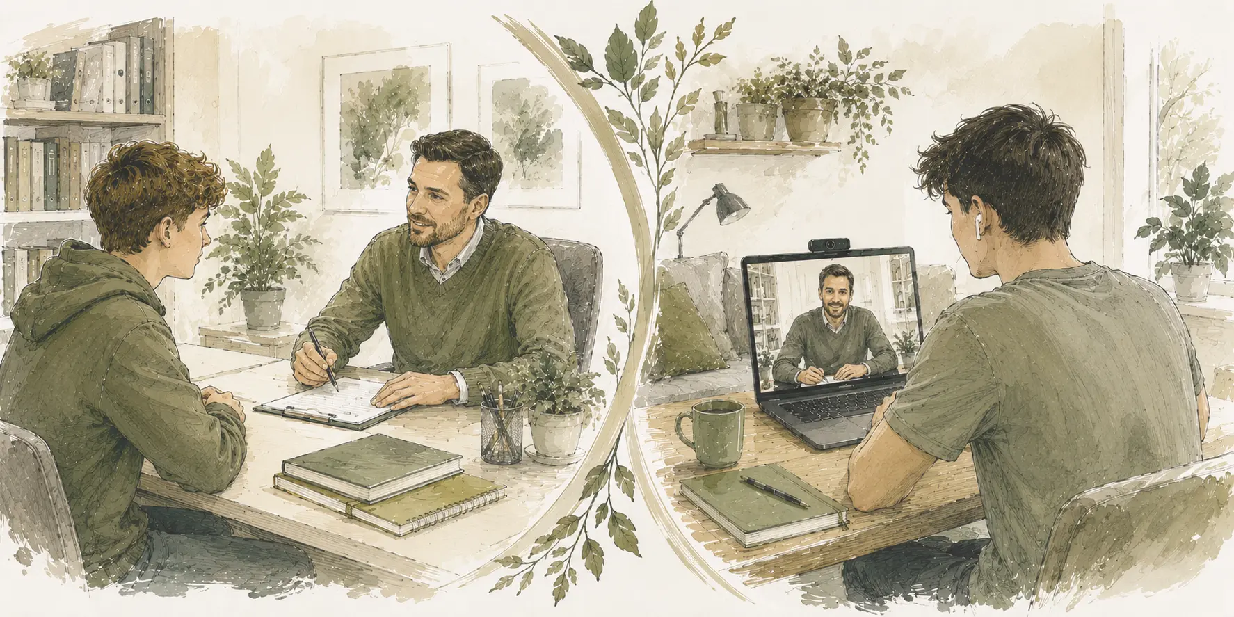 Illustration contrasting a face-to-face dyslexia assessment at a table with an assessment carried out remotely by video call