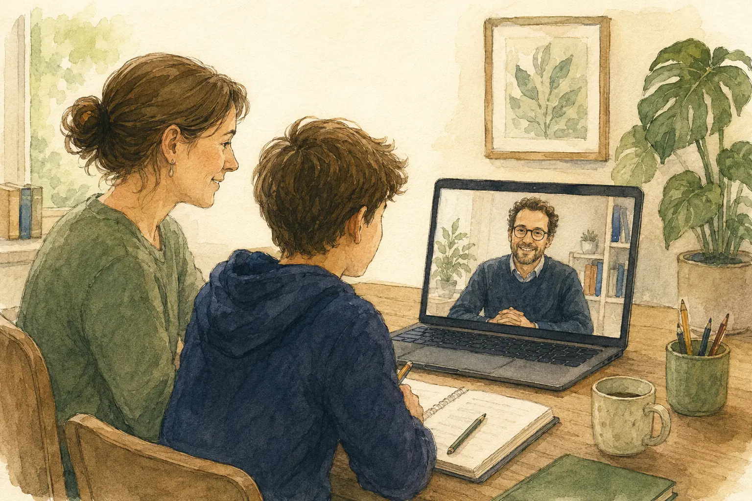 Watercolour illustration of a parent and child at home taking part in a video call with an assessor on a laptop, illustrating remote dyslexia assessment