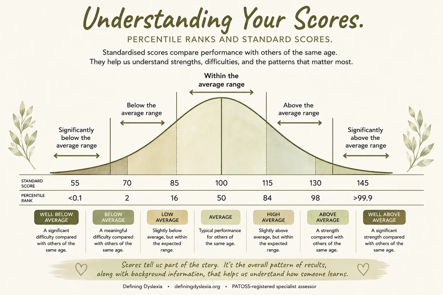 Illustration explaining how assessment scores are reported, showing standard scores, percentiles and the average range