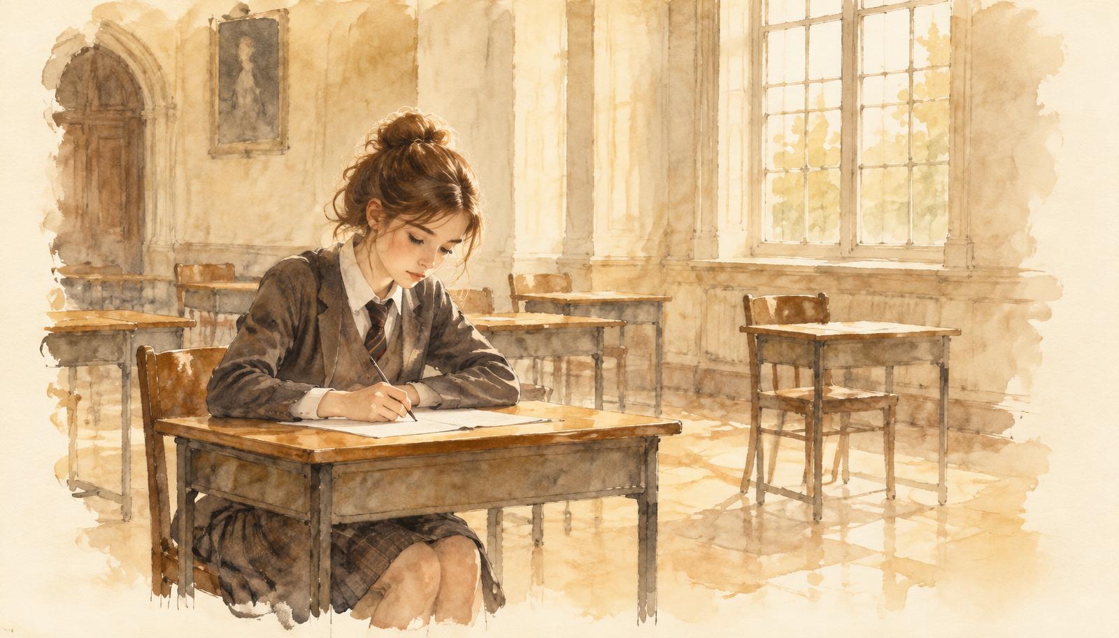 A secondary-age student revising at a desk at home, working through notes and textbooks in quiet daylight.
