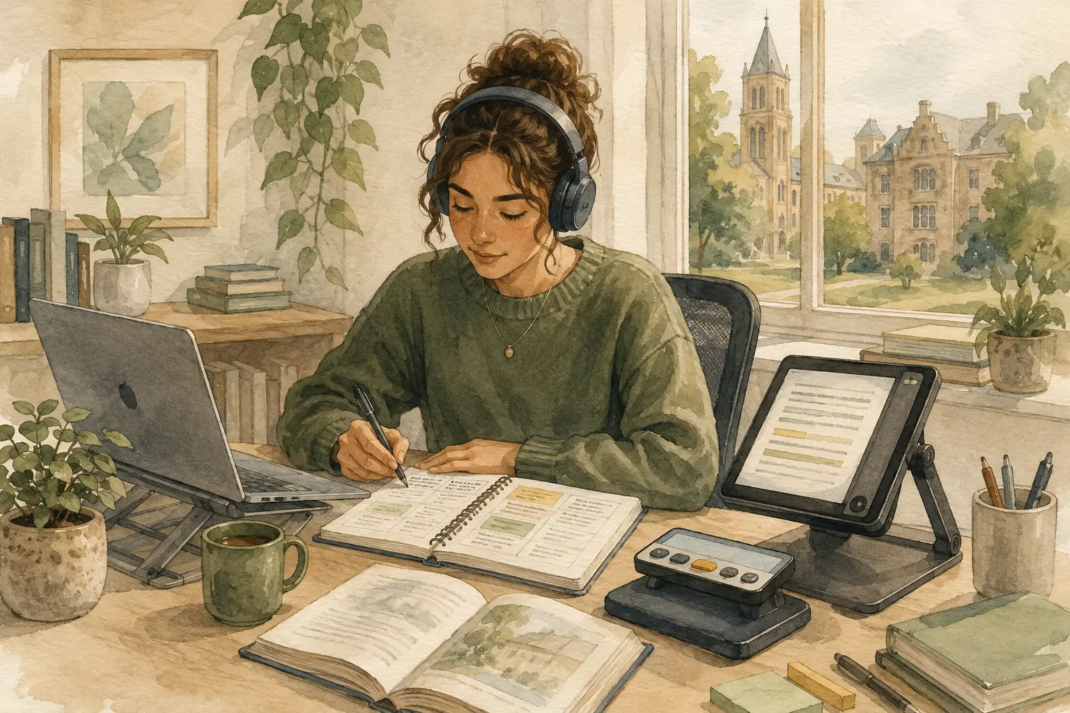 Watercolour illustration of a student studying with headphones, laptop, tablet and recording device funded through Disabled Students' Allowance
