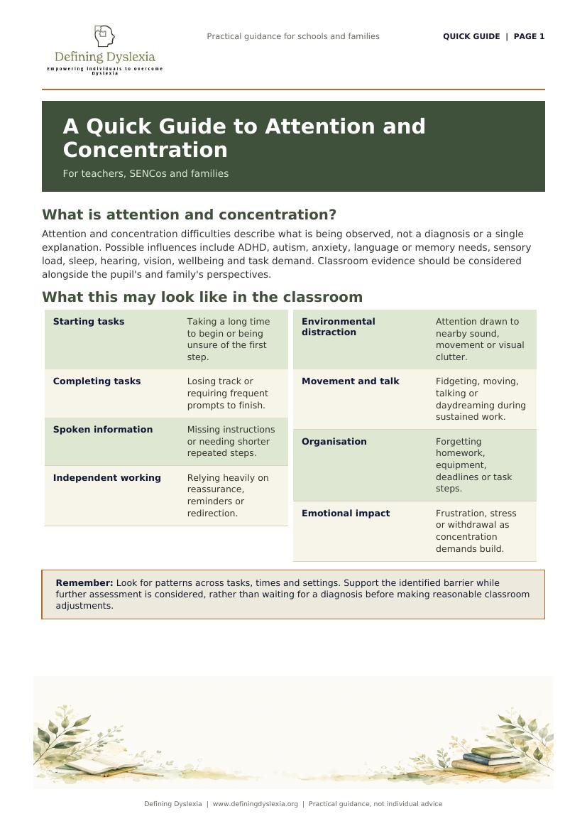 Preview of the Defining Dyslexia Quick Guide to Attention and Concentration