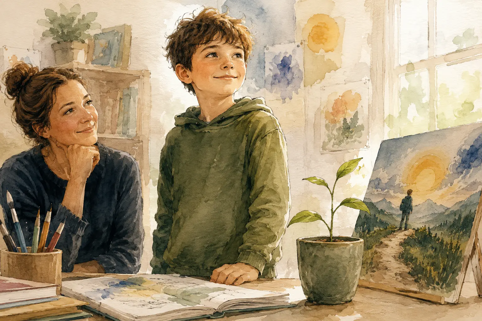 Watercolour illustration of a smiling boy beside his mother with his artwork on display, illustrating confidence and self-esteem in a child with dyslexia