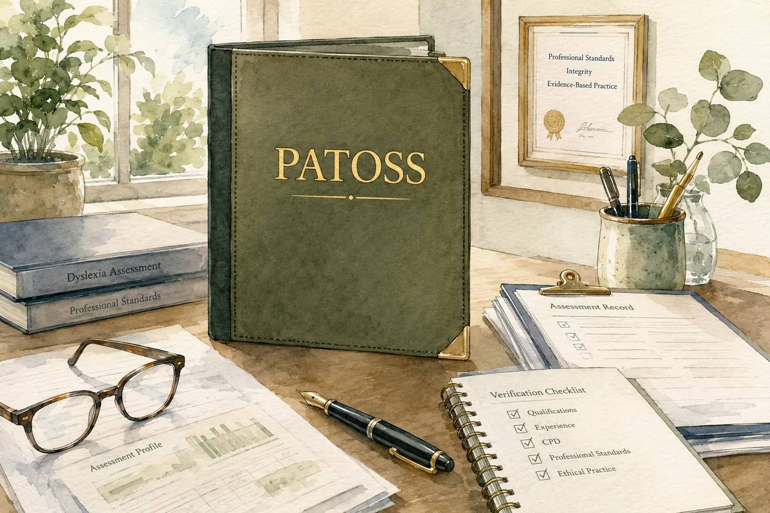 Watercolour illustration of a PATOSS folder, assessment records and a verification checklist on an assessor's desk, illustrating how to check a dyslexia assessor's professional standards