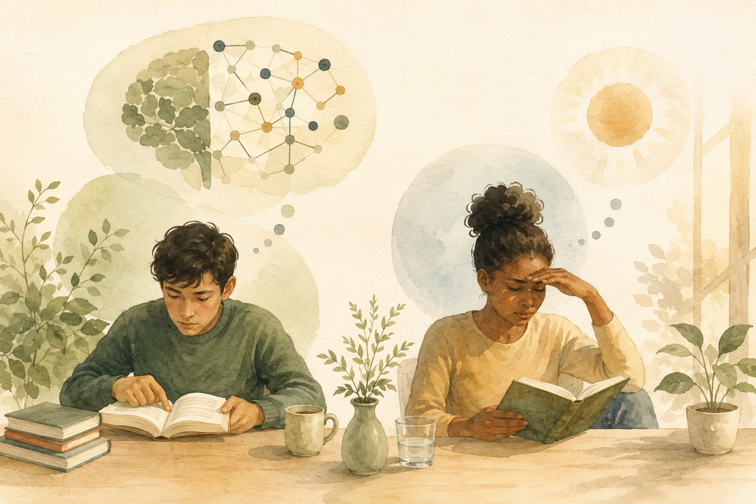 Watercolour illustration showing two people reading, with one concentrating and another experiencing glare or visual fatigue.