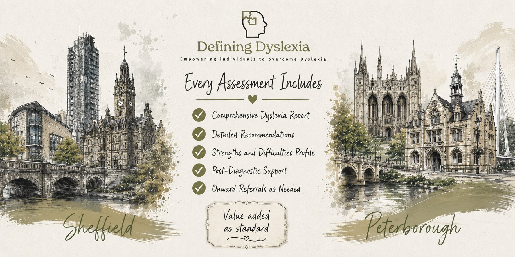 Every assessment includes a comprehensive dyslexia report, detailed recommendations, strengths and difficulties profile, post-diagnostic support and onward referrals as needed. Sheffield and Peterborough