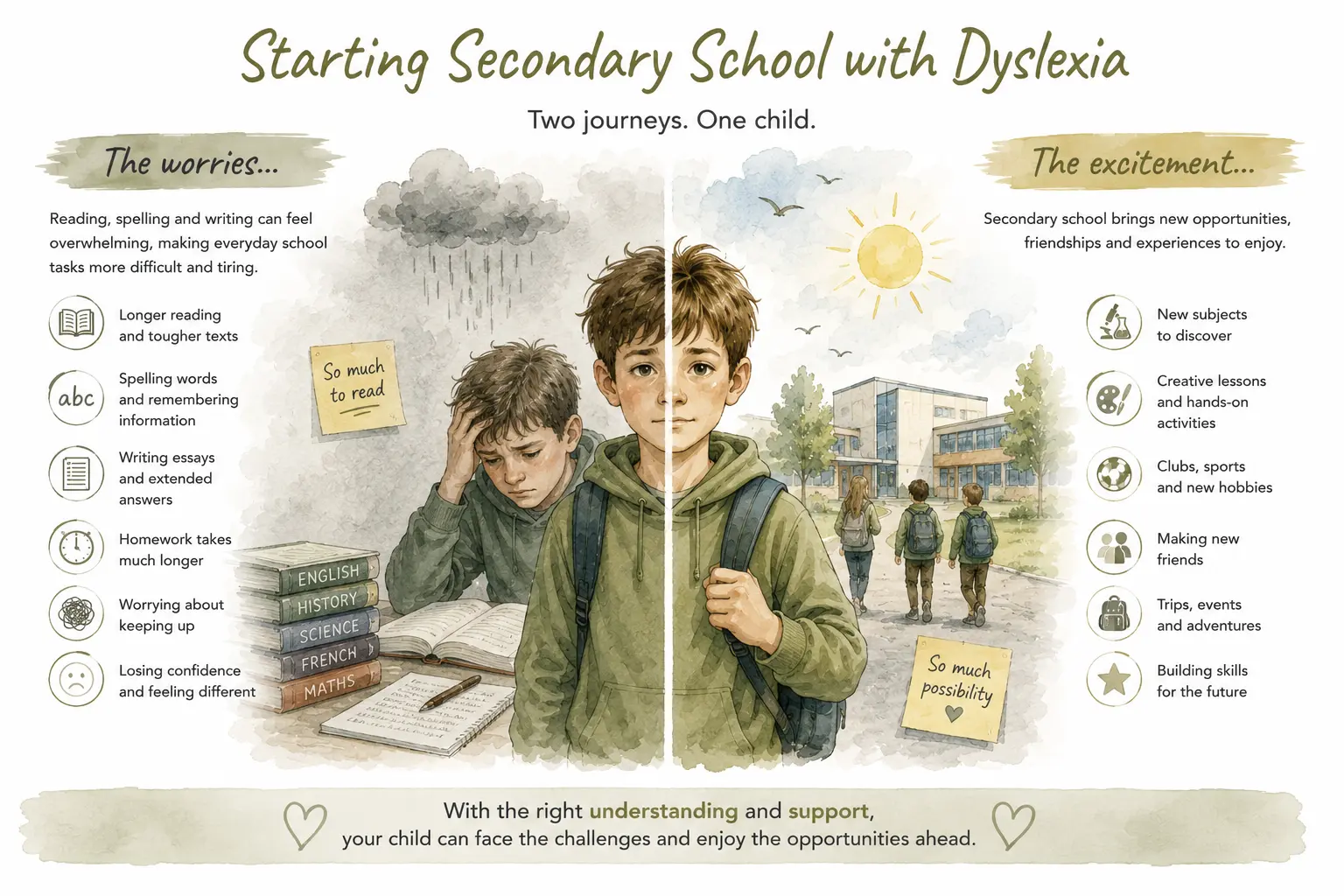 Illustration contrasting the worries of starting secondary school with dyslexia (heavier reading, spelling, longer homework and losing confidence) with the excitement of new subjects, clubs, friends and trips