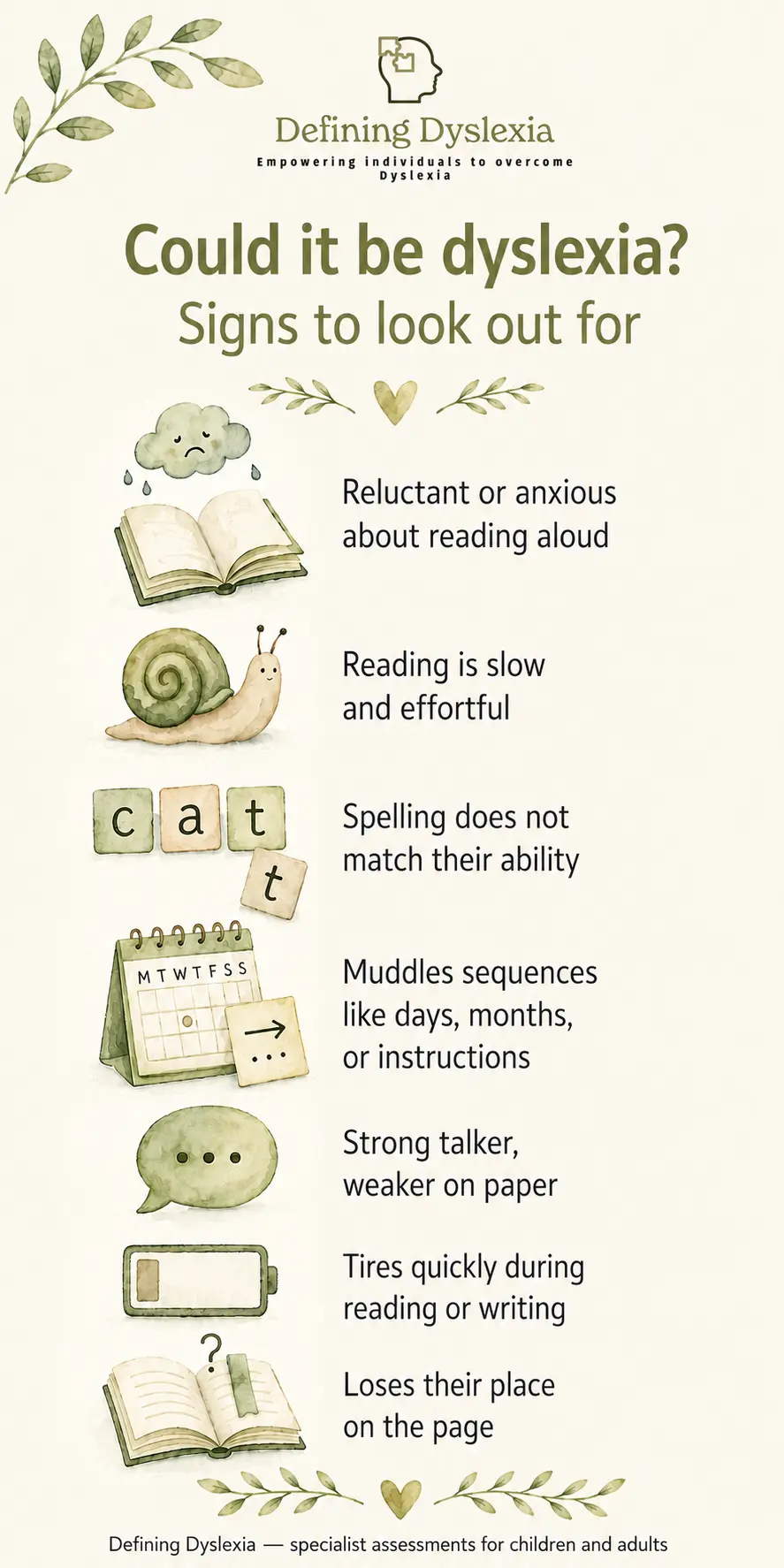 Illustration listing seven signs of dyslexia to look out for in a child, including reluctance to read aloud, slow effortful reading, spelling that does not match ability, muddled sequences, strong speech but weaker writing, tiring quickly, and losing place on the page