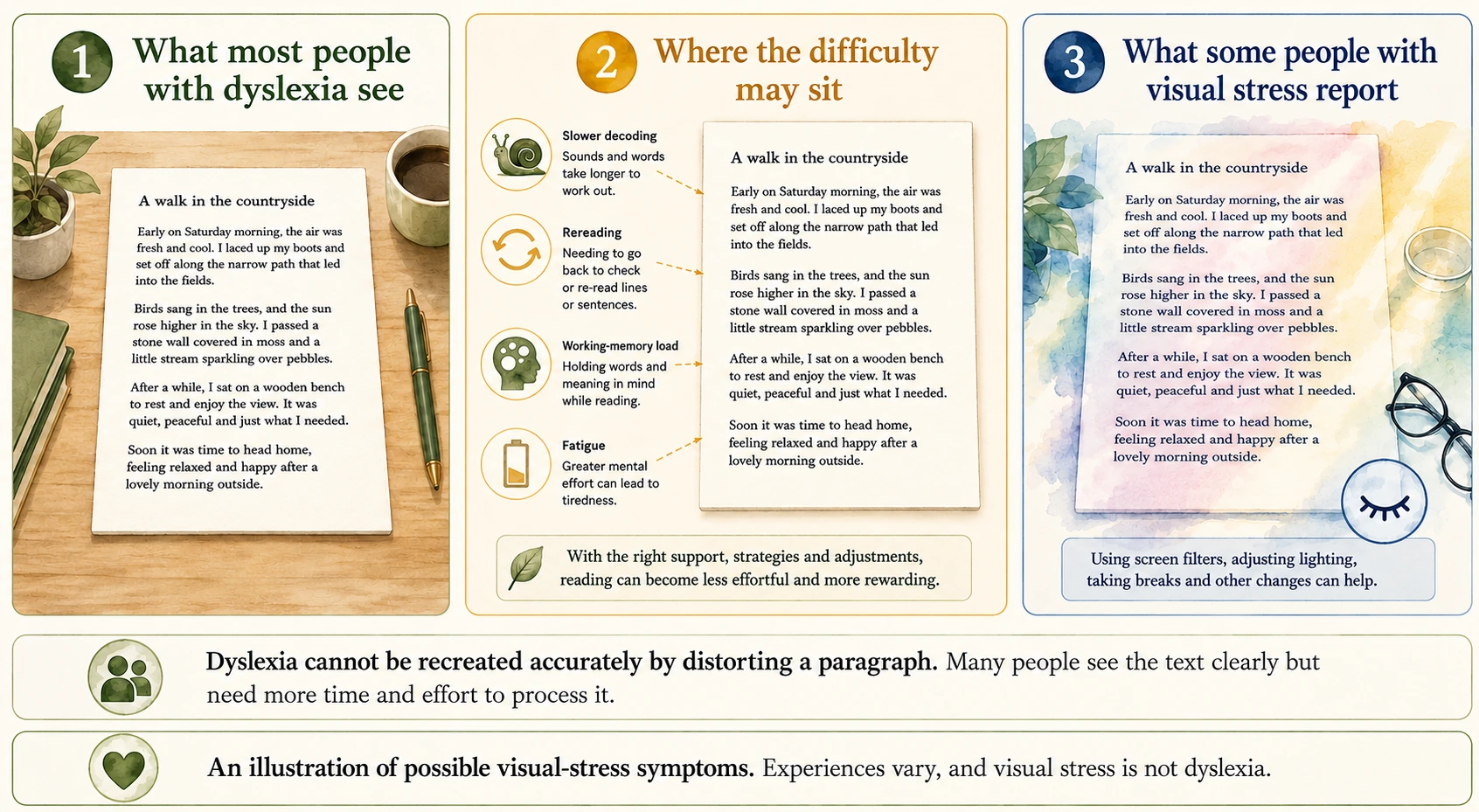 Three-panel explanation showing stable text, the processing effort associated with dyslexia, and possible visual-stress symptoms.