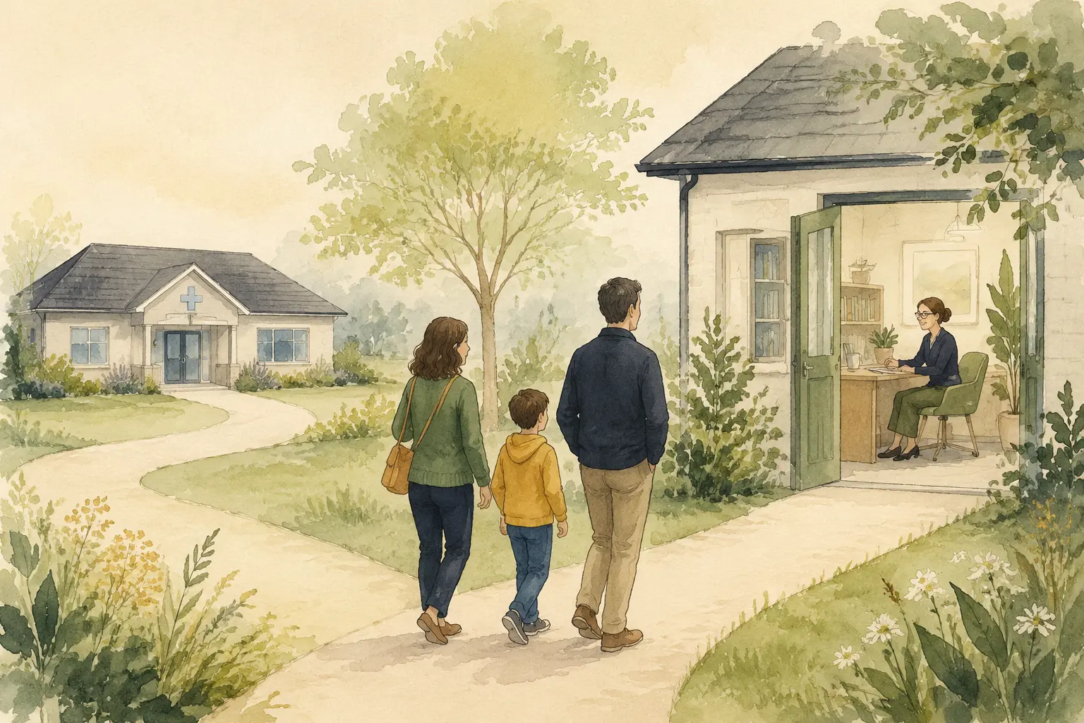 Watercolour illustration of a family choosing between a GP surgery and a specialist assessor's office, illustrating whether a GP referral is needed for a dyslexia assessment