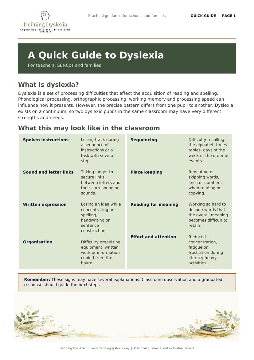 Preview of the Defining Dyslexia Quick Guide to Dyslexia