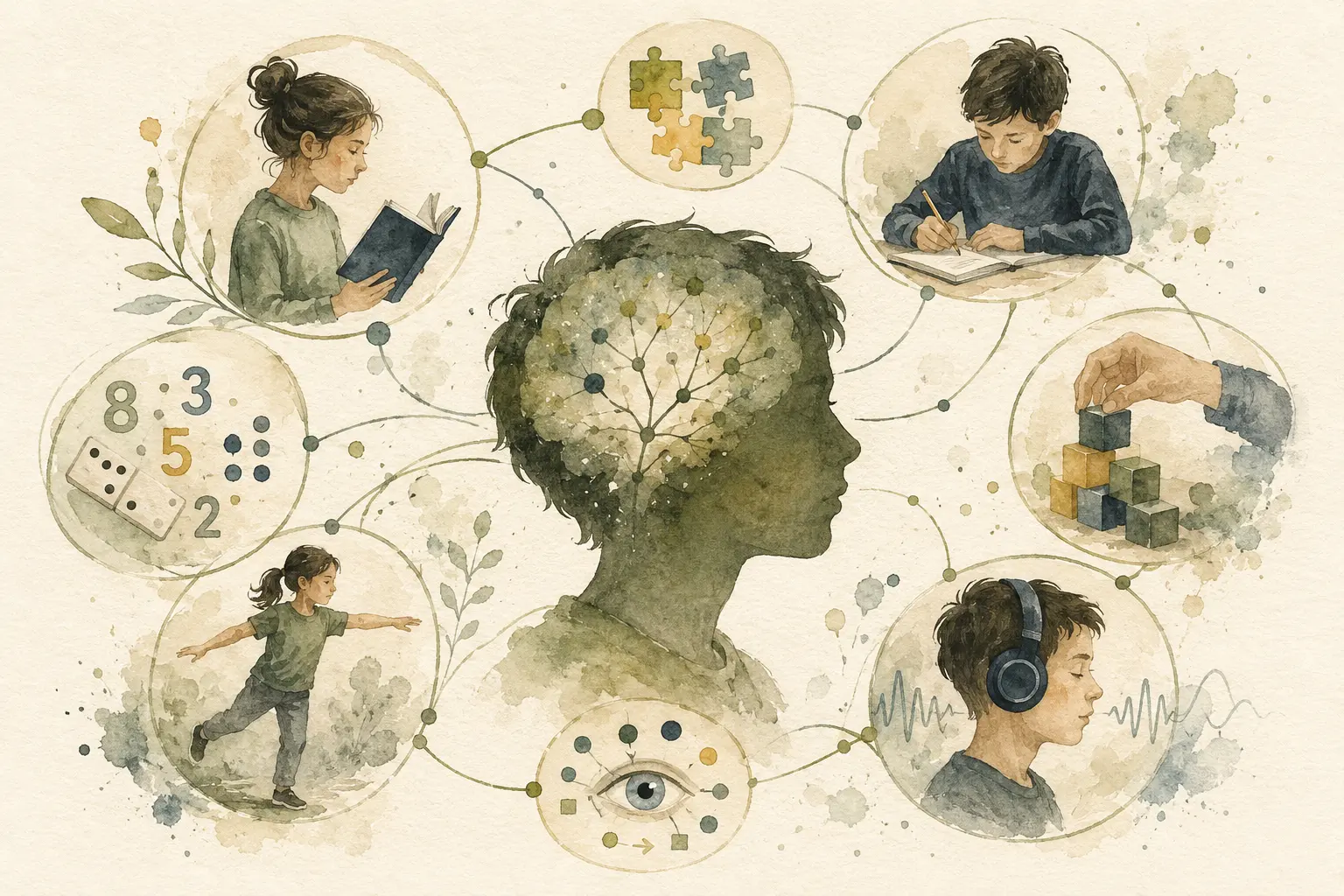 Watercolour illustration of a child's profile surrounded by linked circles showing reading, writing, numbers, movement, visual processing and listening, illustrating specific learning difficulties