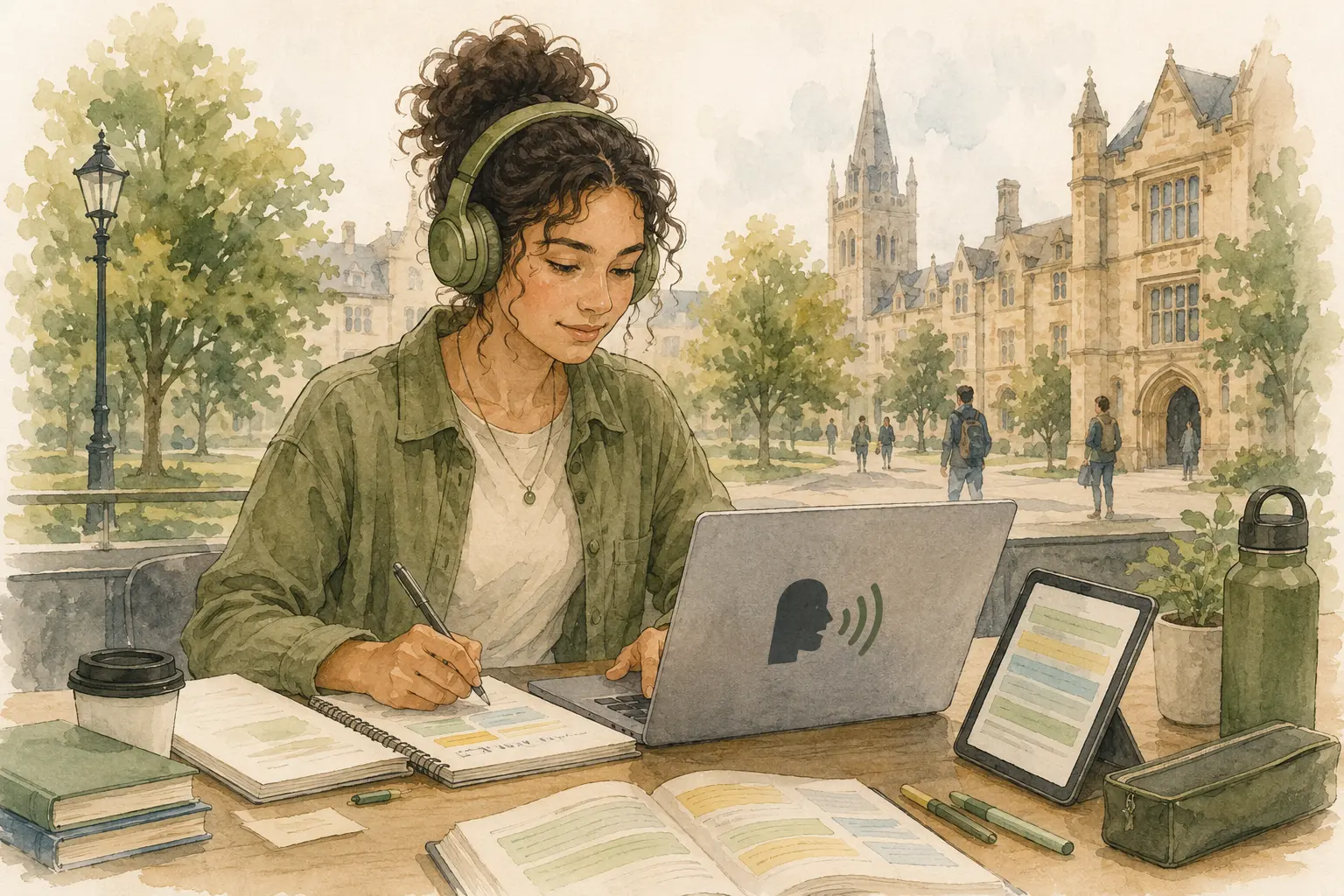 Watercolour illustration of a university student studying outdoors on campus with a laptop, tablet and assistive software, illustrating dyslexia support at university