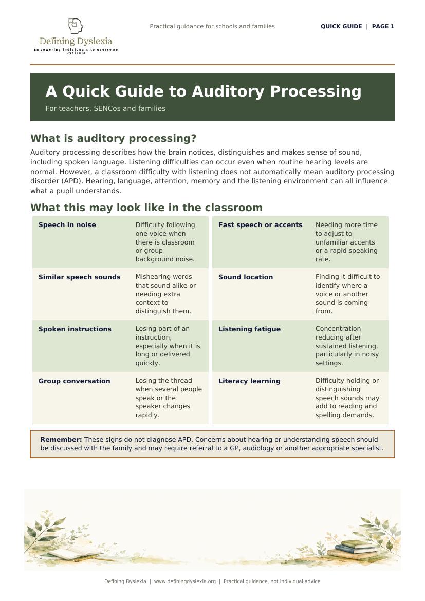 Preview of the Defining Dyslexia Quick Guide to Auditory Processing