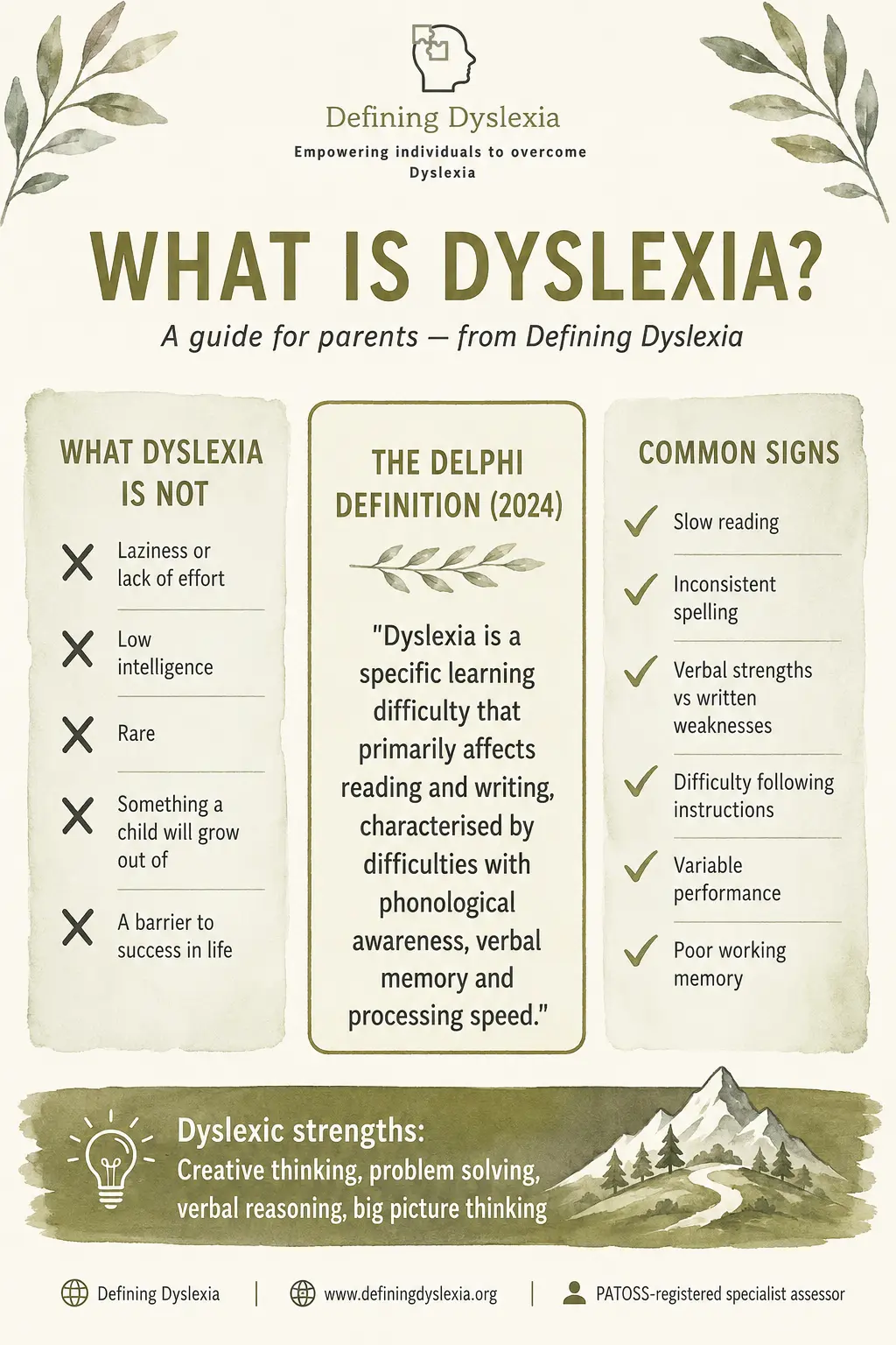 Illustration introducing what dyslexia is for parents, describing how it affects reading, spelling and processing, and what it does not mean