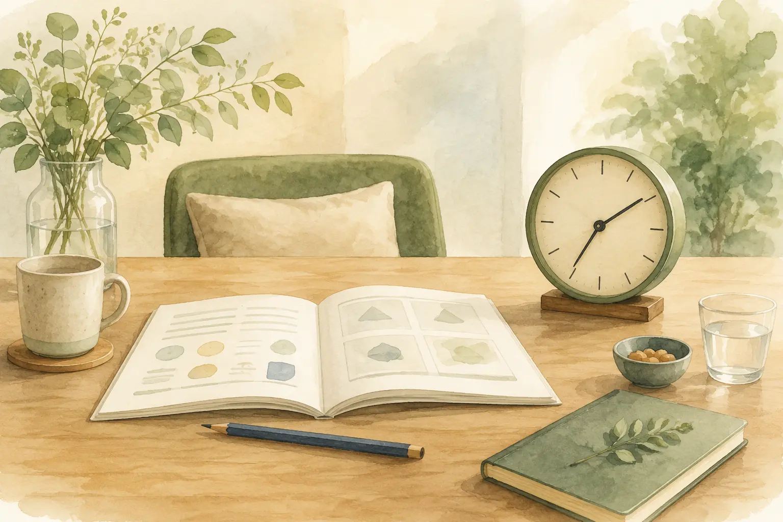 Watercolour illustration of a calm assessment table with an open task booklet, a clock, water and a comfortable chair, illustrating how long a dyslexia assessment lasts