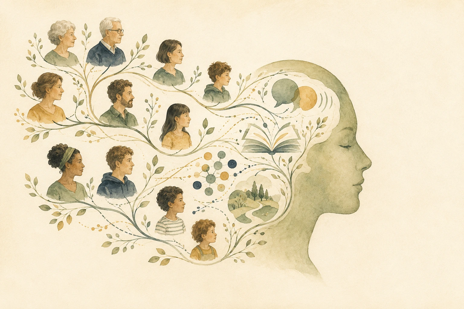 Watercolour illustration showing different generations of a family connected with language, reading and learning.