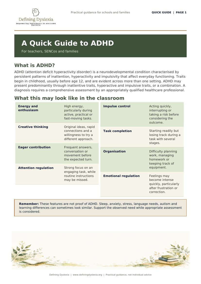 Preview of the Defining Dyslexia Quick Guide to ADHD