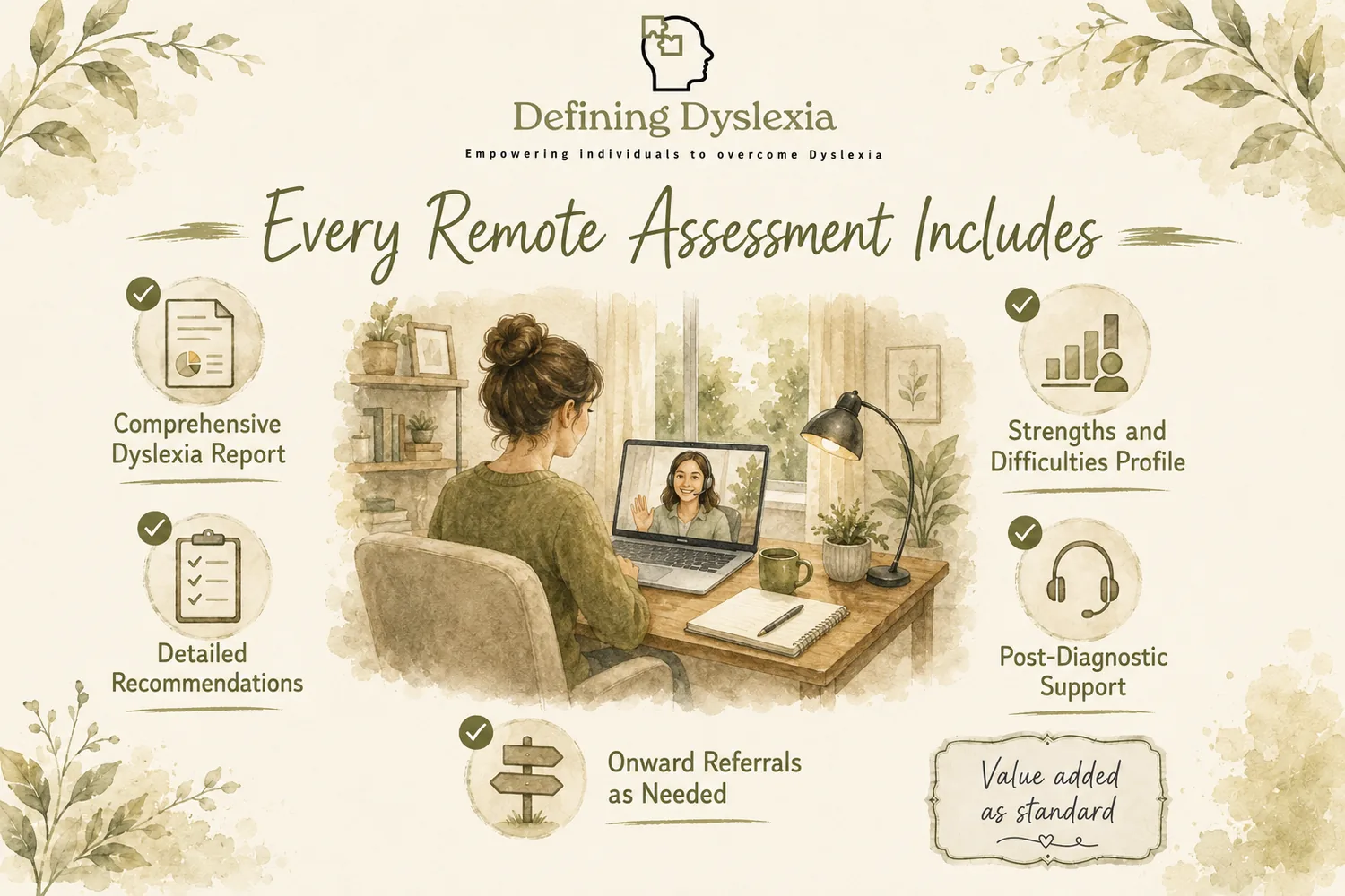 Every remote assessment includes a comprehensive dyslexia report, detailed recommendations, a strengths and difficulties profile, post-diagnostic support and onward referrals as needed