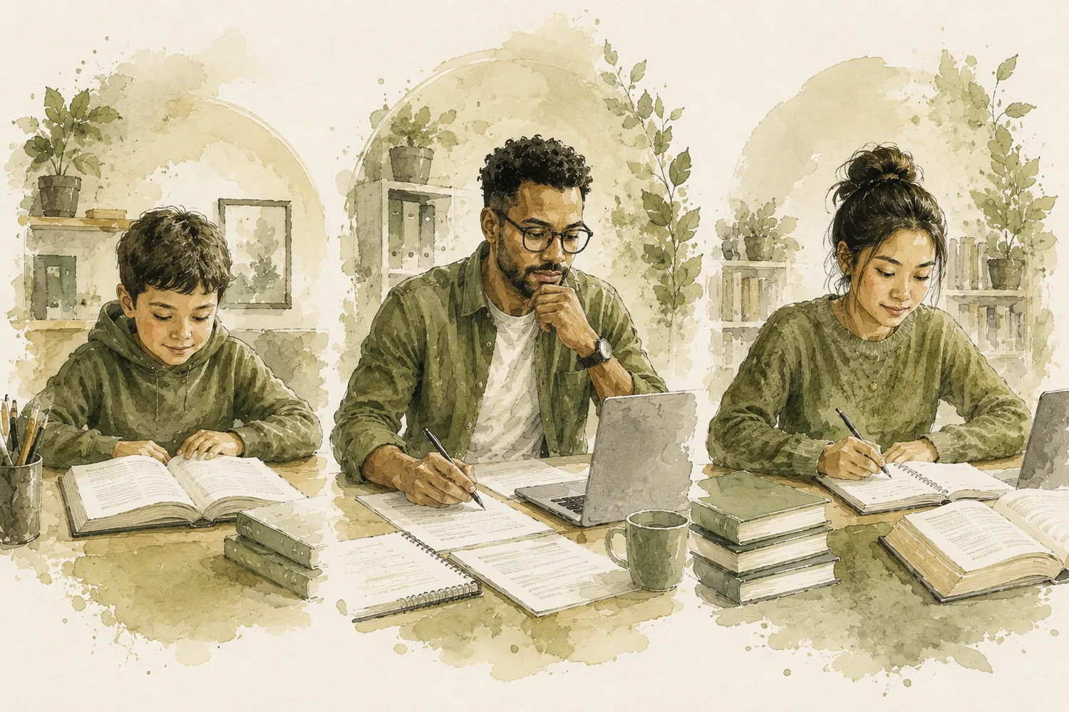 Watercolour illustration of a child reading, an adult writing at a laptop and a student studying with notes and books