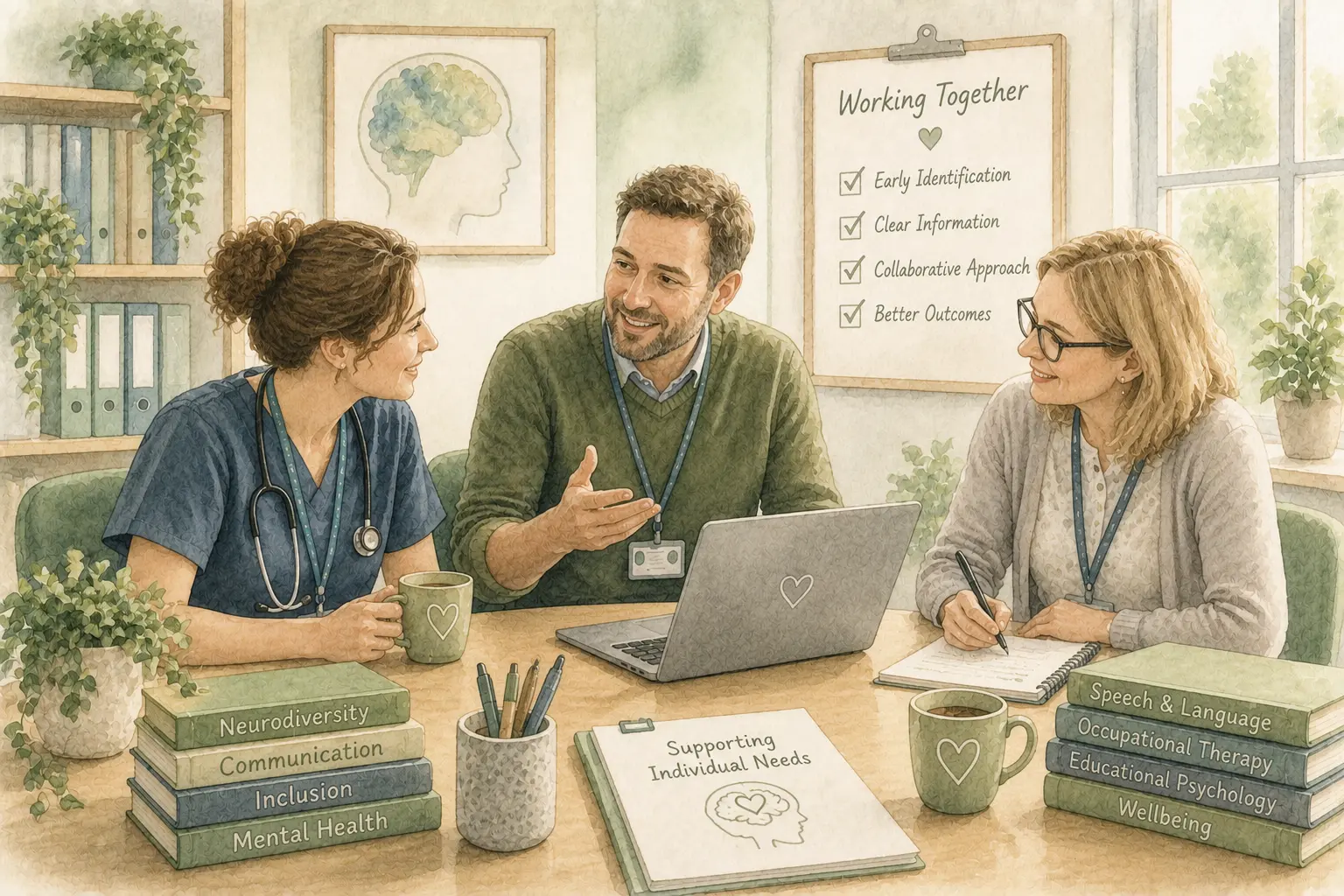 Illustration of healthcare and education professionals talking together about how best to support one person