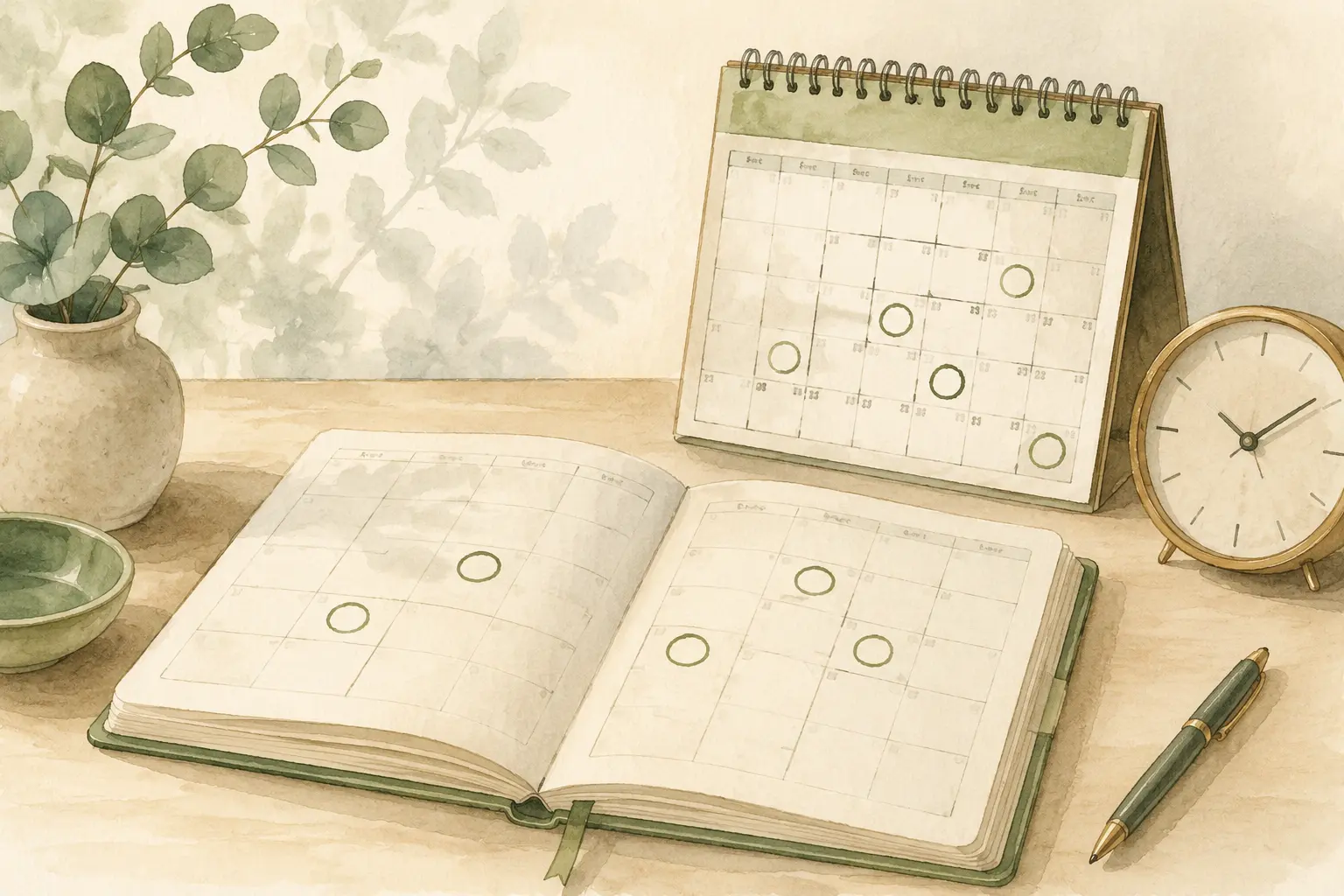 Watercolour illustration of an open diary and desk calendar with dates circled, illustrating waiting times when booking a dyslexia assessment