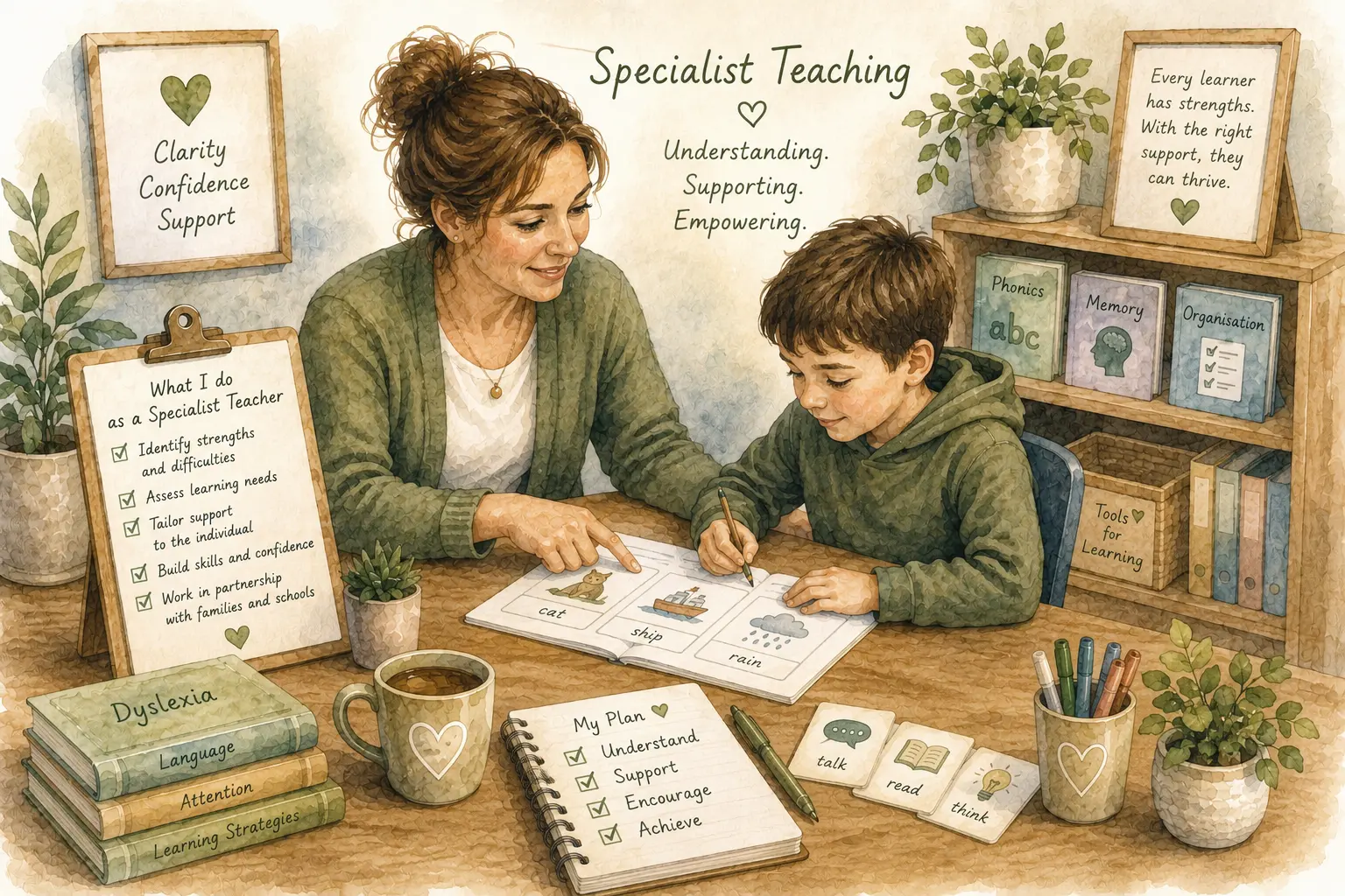 Illustration of a specialist teacher working with a pupil using structured literacy resources