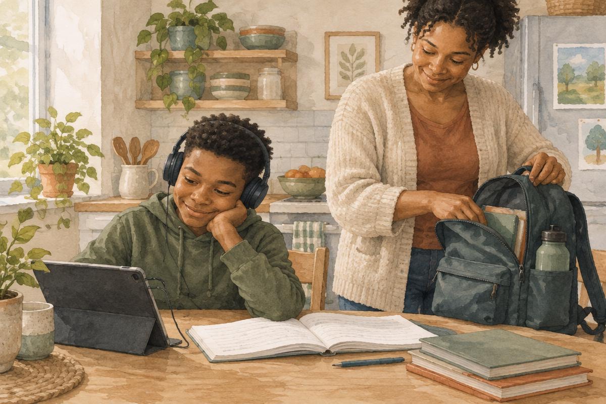 Watercolour illustration of a boy listening to an audiobook on headphones at a kitchen table while his mother packs his school bag beside him.