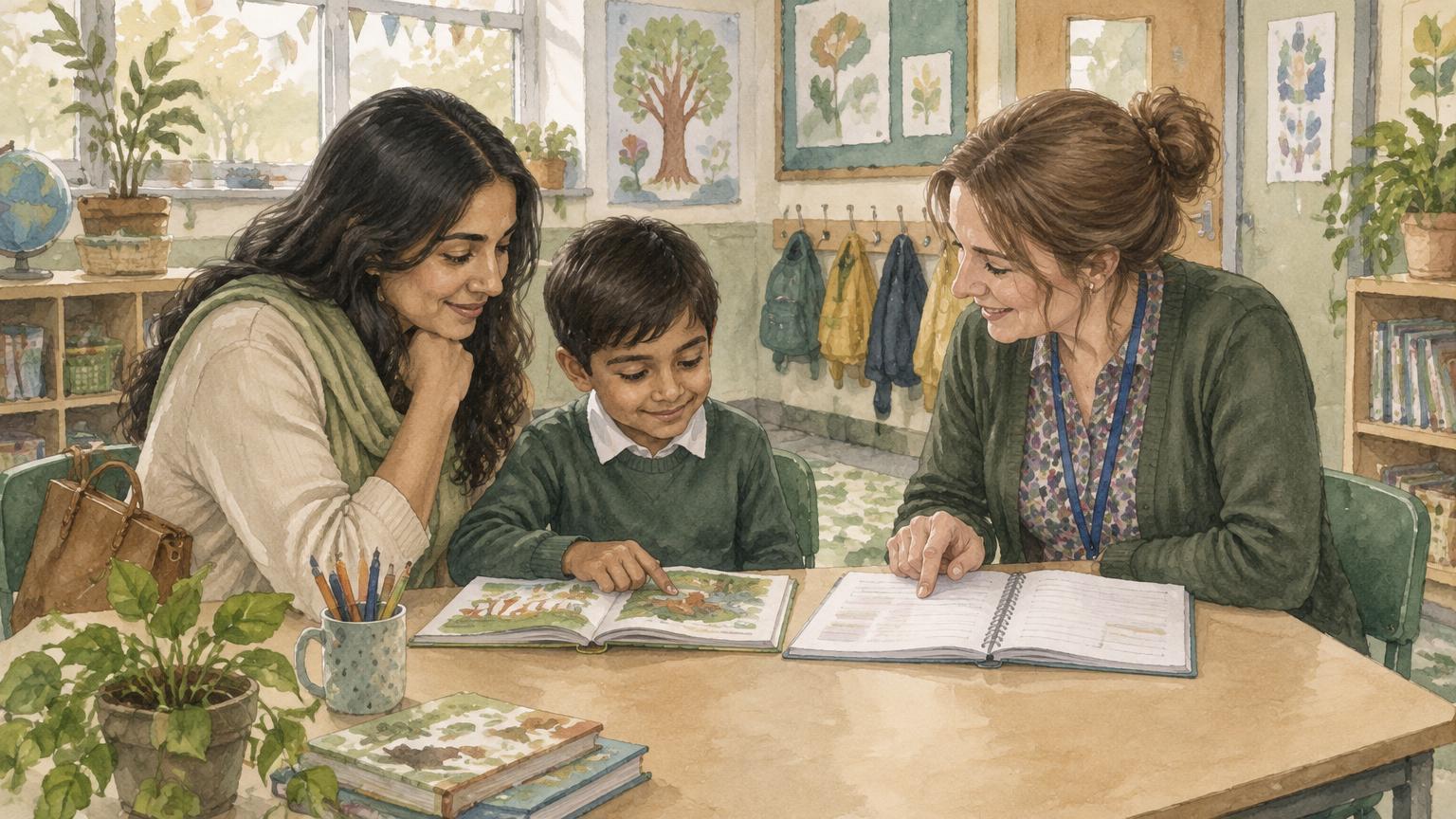 Watercolour of a mother and her young son sitting with a class teacher, looking together at a reading book and a progress notebook in a calm classroom.