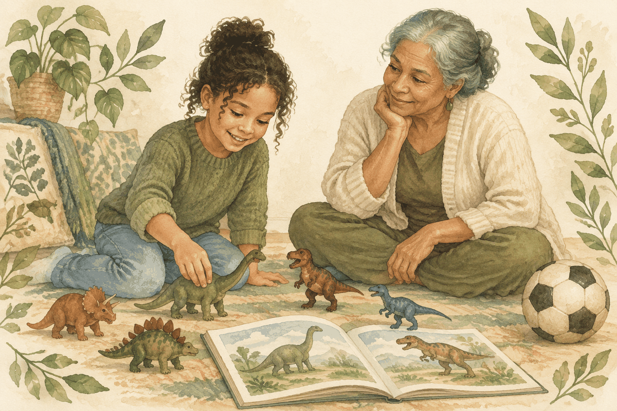 Watercolour illustration of a girl happily arranging toy dinosaurs beside an open dinosaur book on a rug, a football nearby, while her grandmother sits beside her listening.
