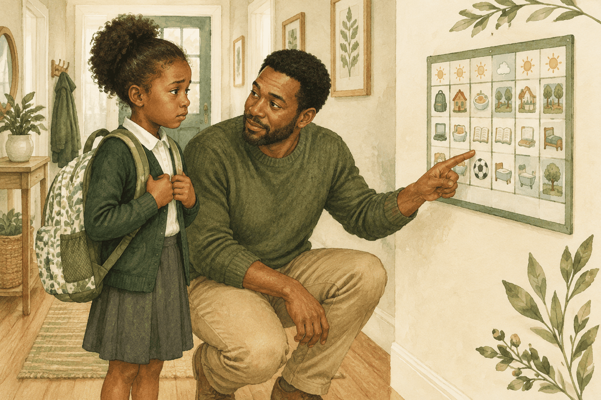 Watercolour illustration of a young girl with a school bag looking uncertain in a hallway while her father kneels beside her and points calmly to a picture timetable on the wall.
