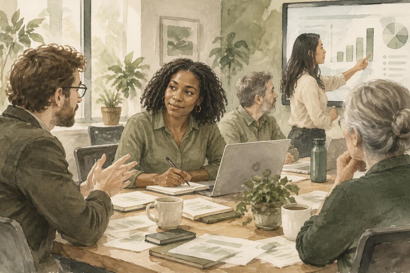Watercolour of a woman at a meeting table with a notebook and laptop, listening to a colleague while another colleague presents a chart on a screen.