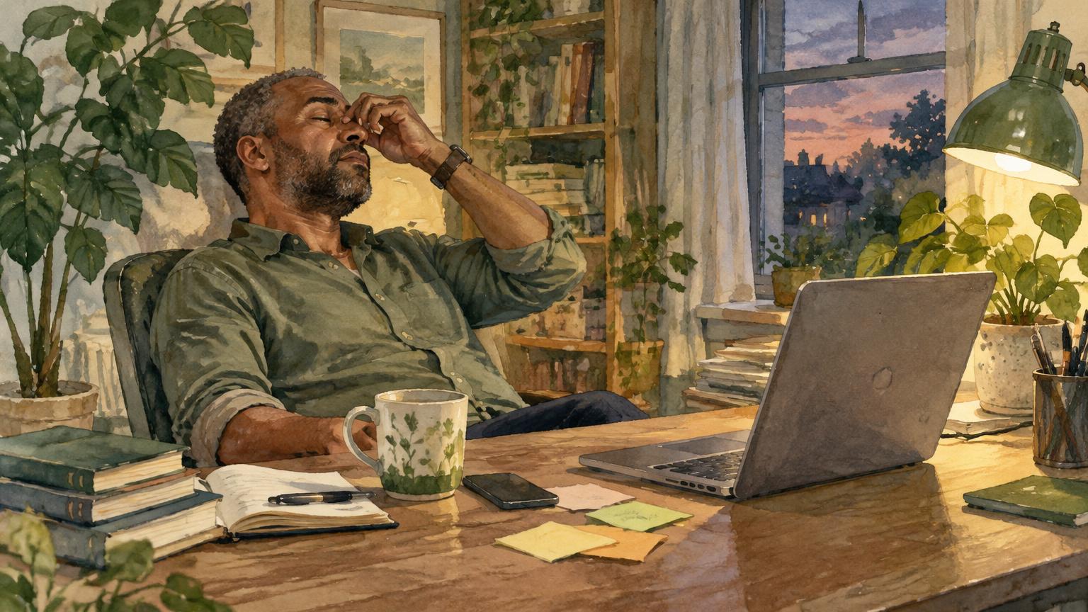 Watercolour of a man at a home office desk at the end of the day, leaning back and rubbing his eyes beside a laptop, notes and a mug of tea.