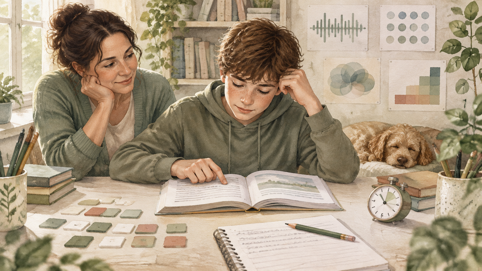 Learner using phonics to decode words while a wider dyslexia profile includes reading fluency, spelling, phonological processing and processing skills.