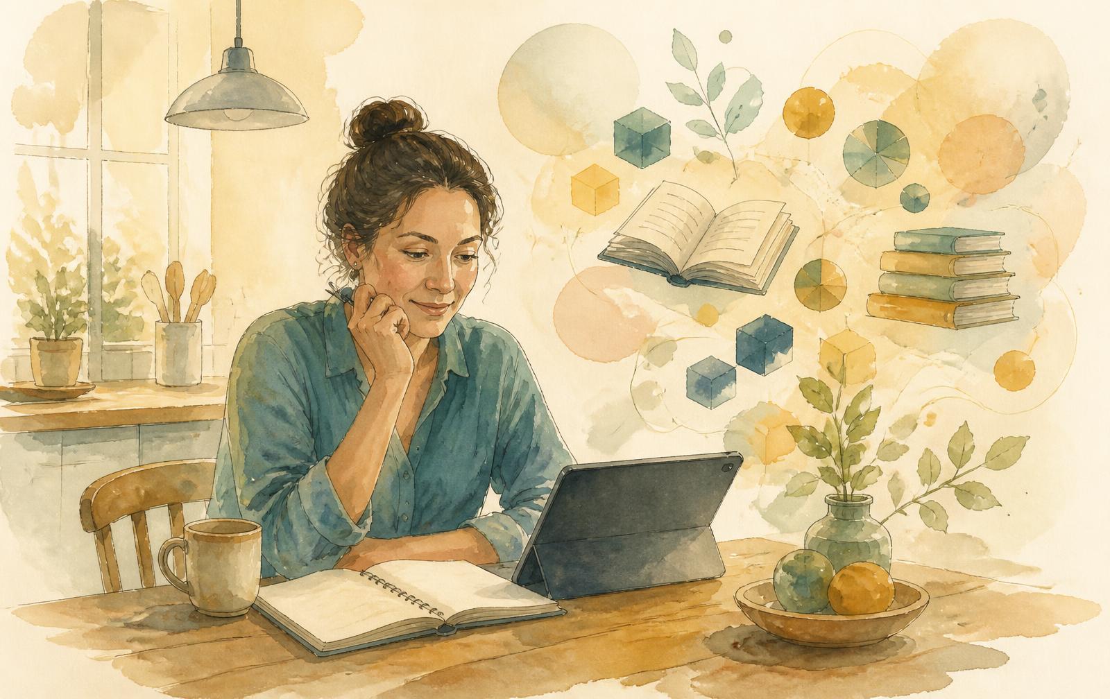 Watercolour illustration of an adult at a kitchen table with a tablet and notebook, with soft shapes suggesting books, words and numbers.