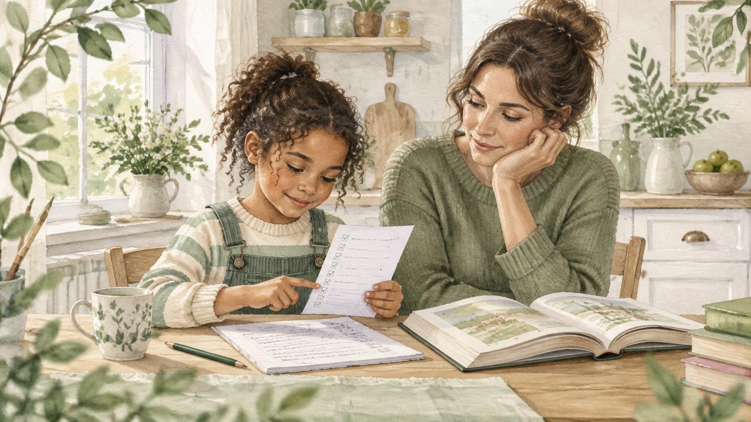 Watercolour scene of a child confidently checking a spelling list while her parent notices the greater effort involved in books and written work.