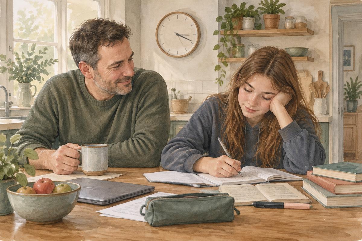 Watercolour illustration of a parent and secondary school age child working through homework together at a kitchen table, with books, paper and a simple clock on the wall.