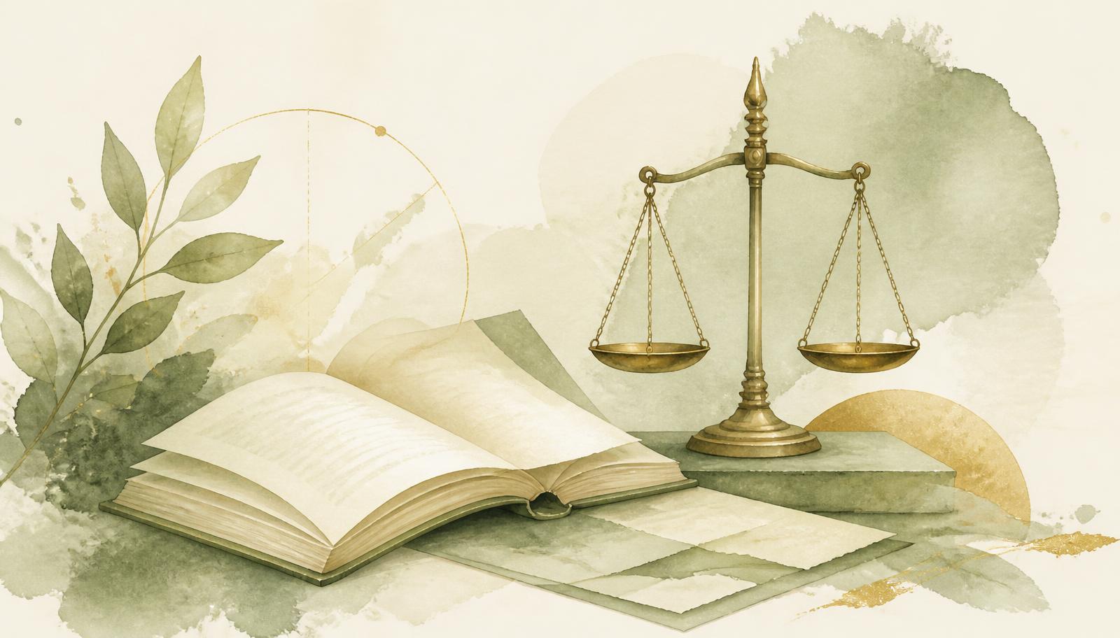 Watercolour illustration in olive and cream tones showing an open book and a set of balanced scales, suggesting fairness and the law.