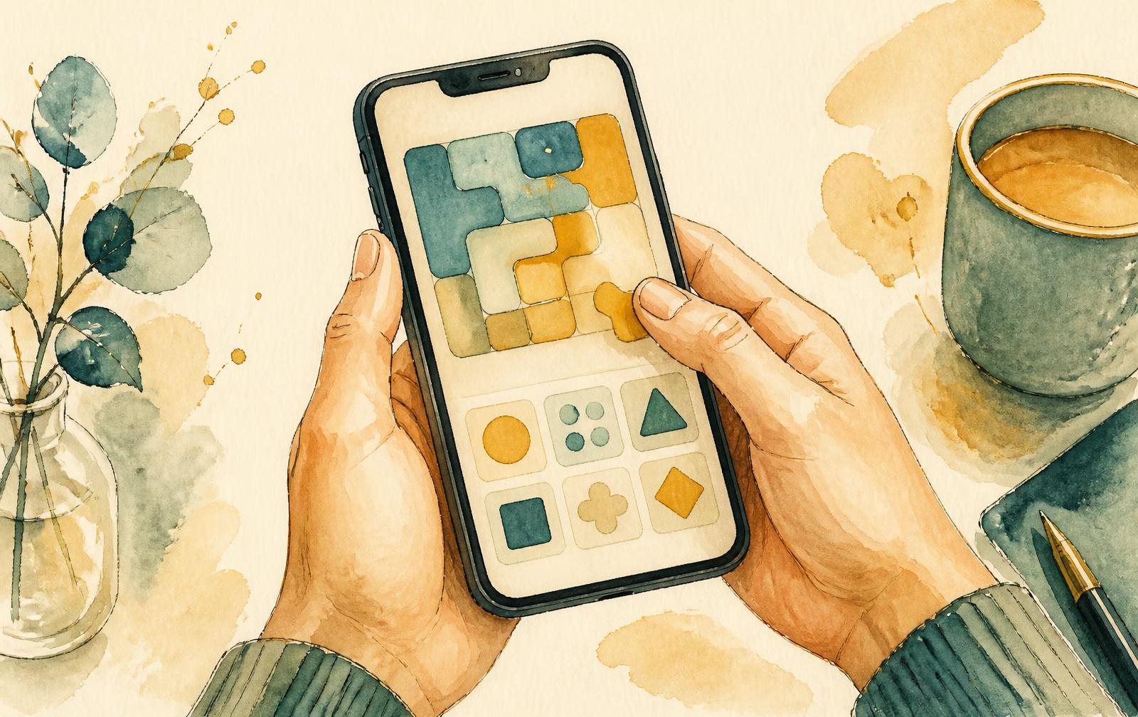 Watercolour illustration of a pair of hands holding a phone showing colourful puzzle tiles, beside a cup of coffee and a notebook.