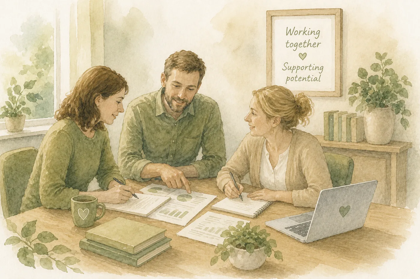 Illustration of education, health and assessment professionals working together around one table to support the same person