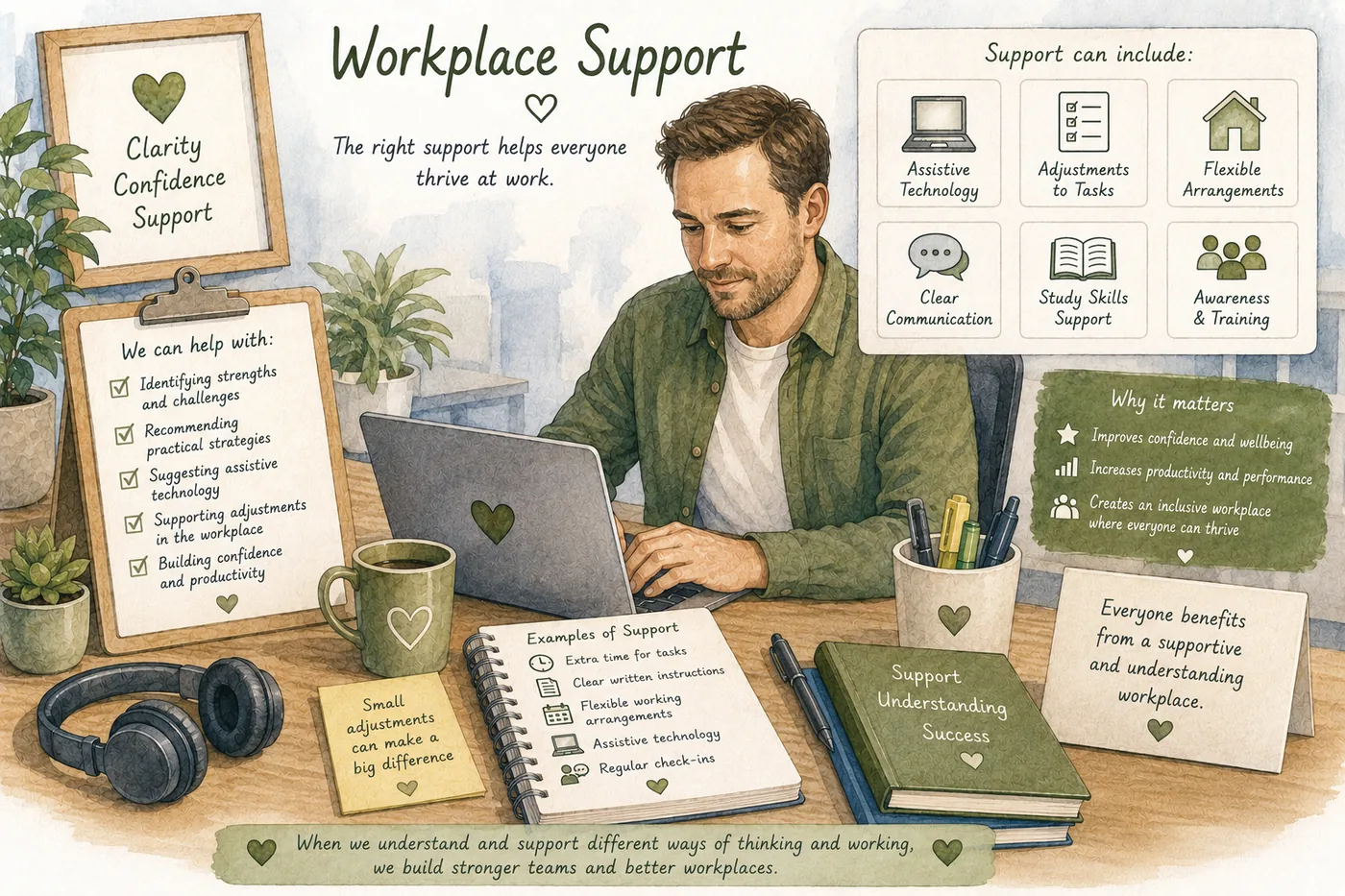 Illustrated infographic titled Workplace Support showing the kinds of help that can make a difference at work: assistive technology, adjustments to tasks, flexible arrangements, clear communication, study skills support, and awareness and training